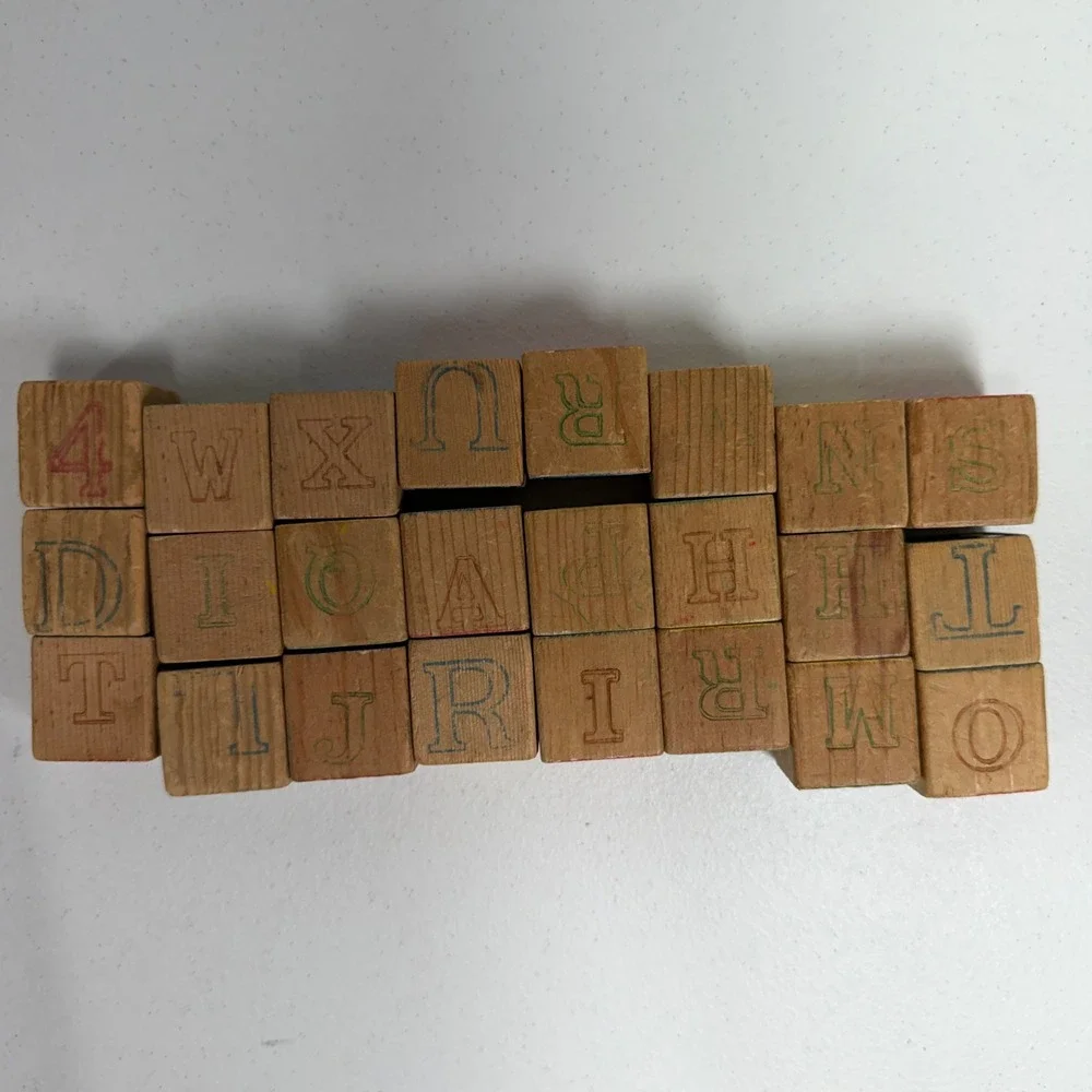 Vintage Alphabet Blocks Wooden Embossed Letter Number Set 24 Piece Lot Toy